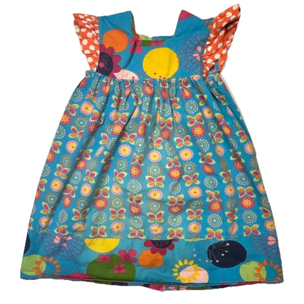 Girls Size‎ 4 Colorful Floral Patchwork Dress Ruffle Sleeves Retro Style Cotton